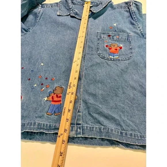 Vintage Christopher & Banks Denim Shirt Womens Sz L Teddy Bear America July 4th - Picture 12 of 16